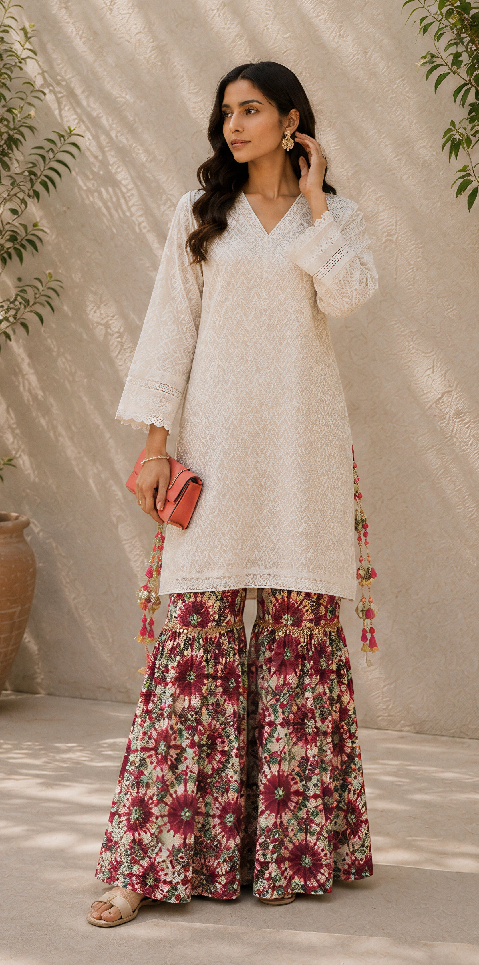 White Chikankari Kurta with Floral Gharara