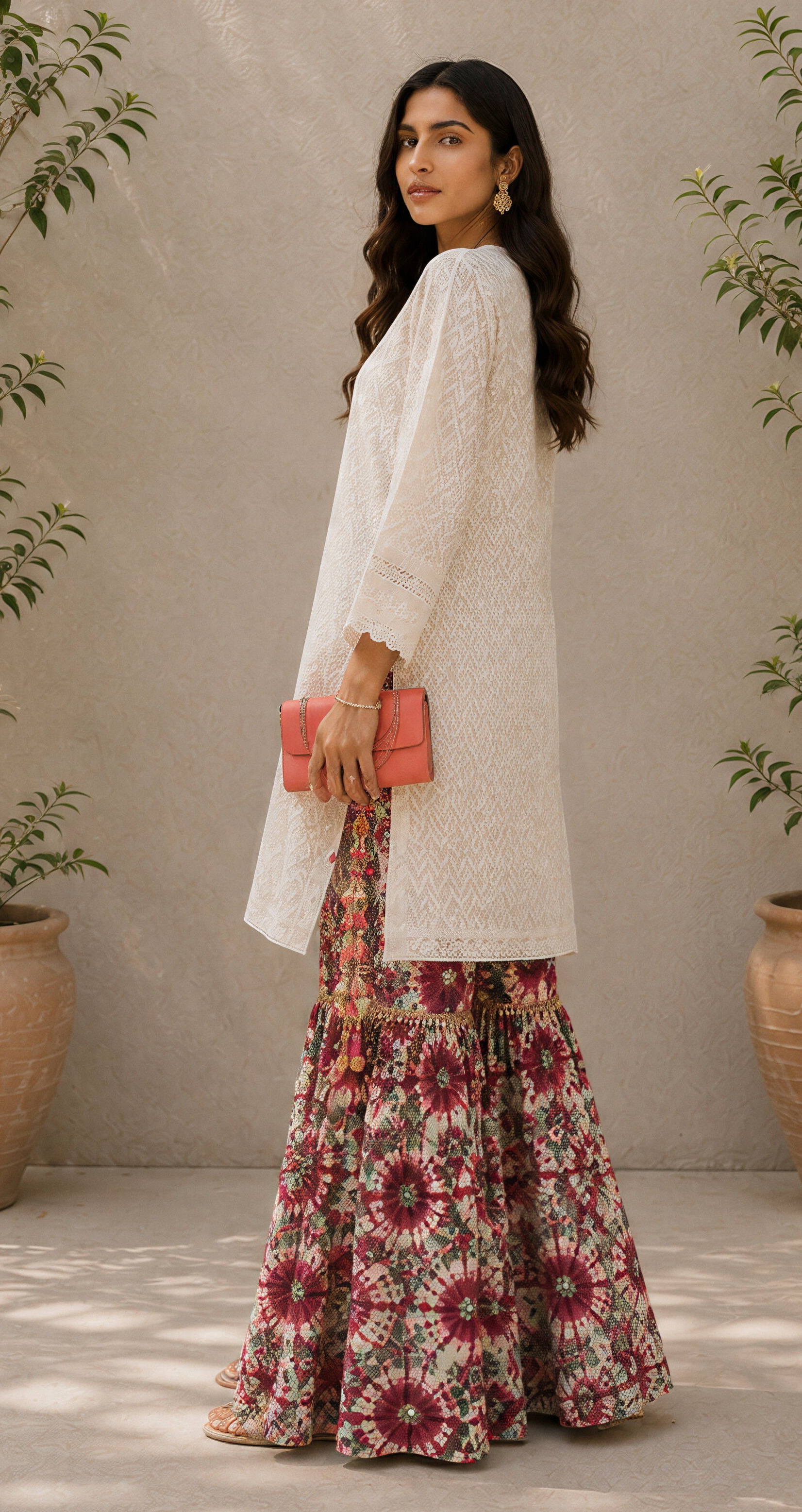 White Chikankari Kurta with Floral Gharara