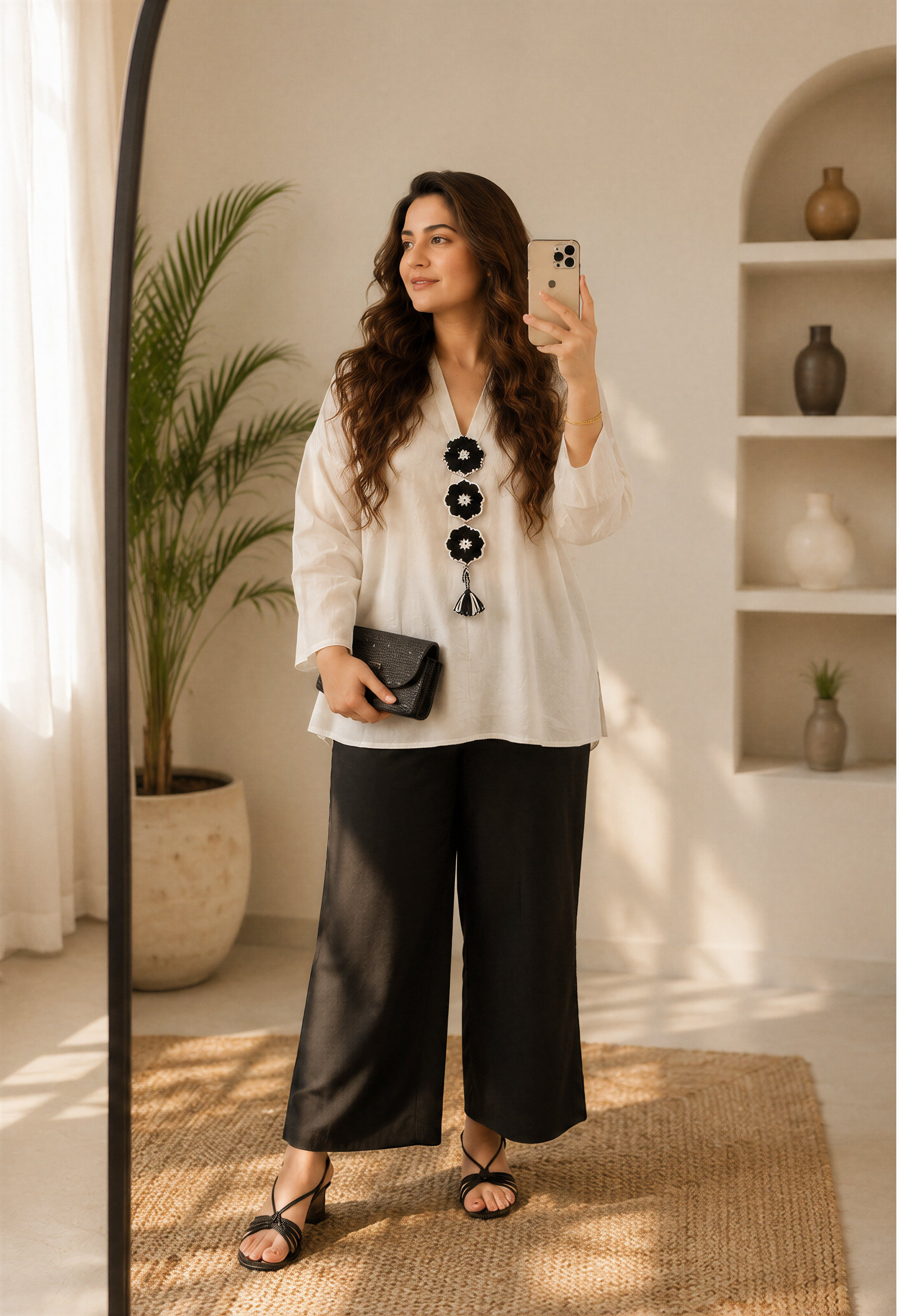 White Top with Black Floral Embellishment & Black Trousers
