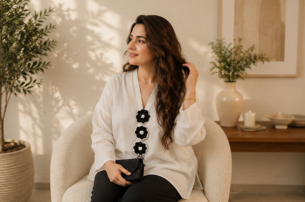 White Top with Black Floral Embellishment & Black Trousers