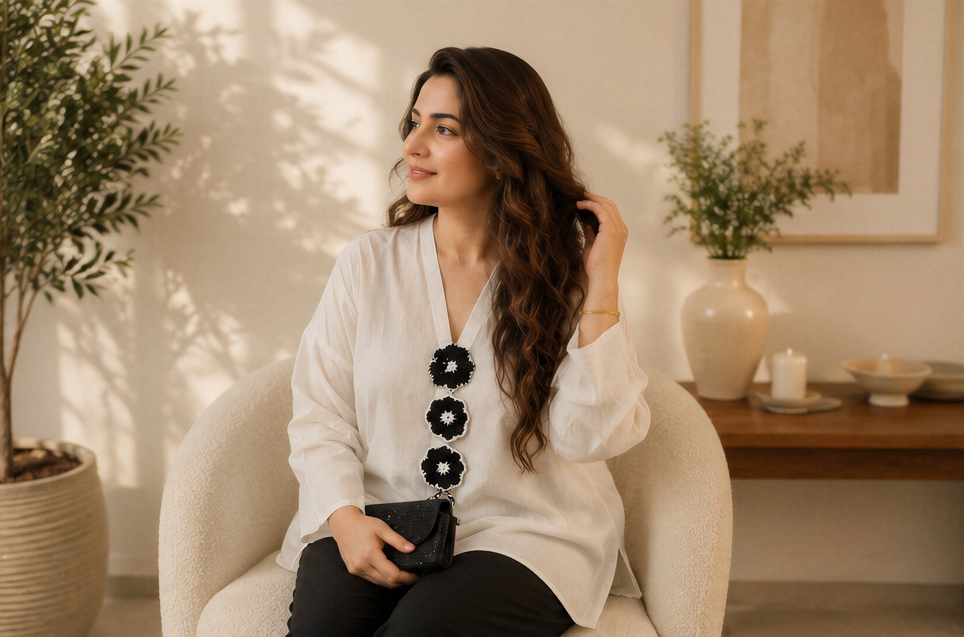 White Top with Black Floral Embellishment & Black Trousers