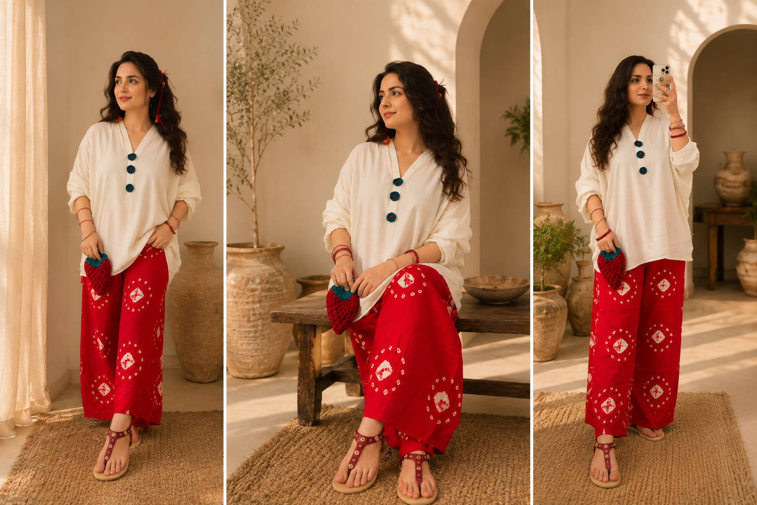 White Kurta with Red Bandhani Trousers