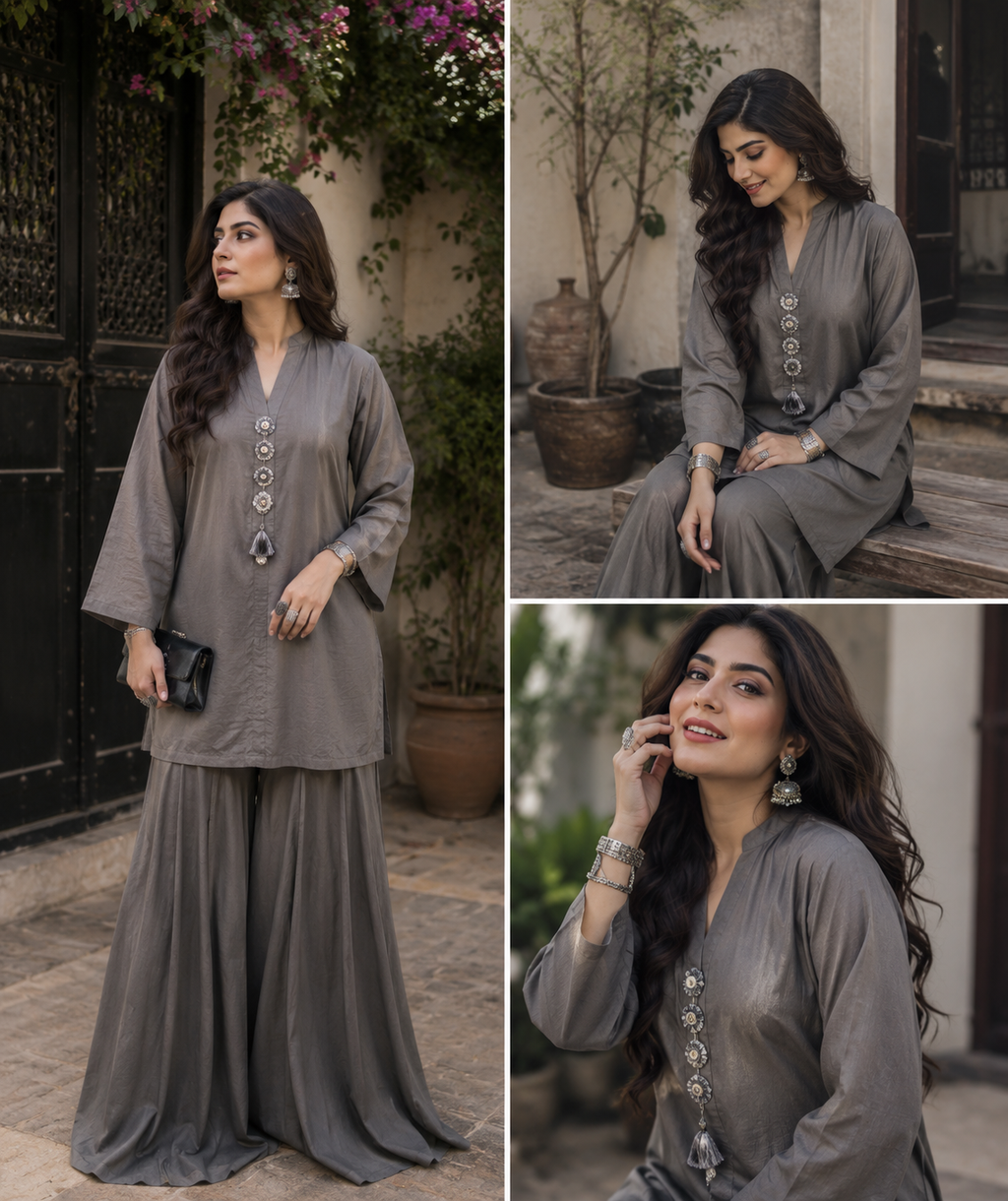 Grey Gharara Set with Silver Embellishment