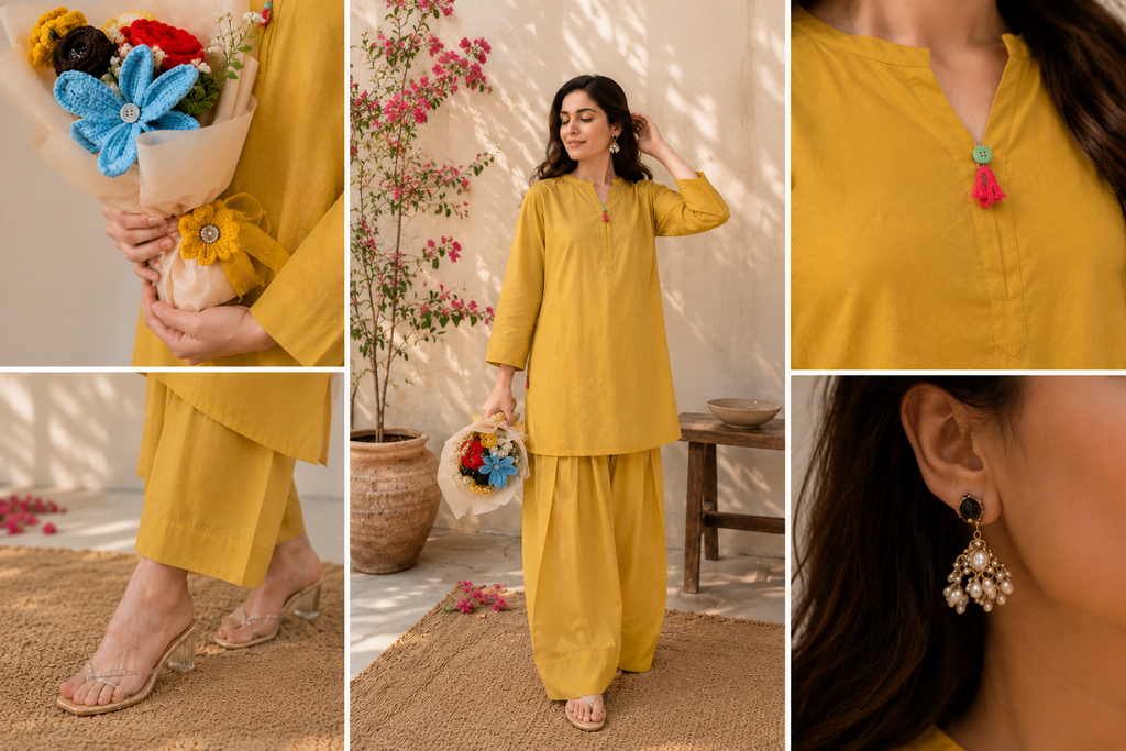Mustard Yellow Shalwar Kameez with Tassel Button Detail
