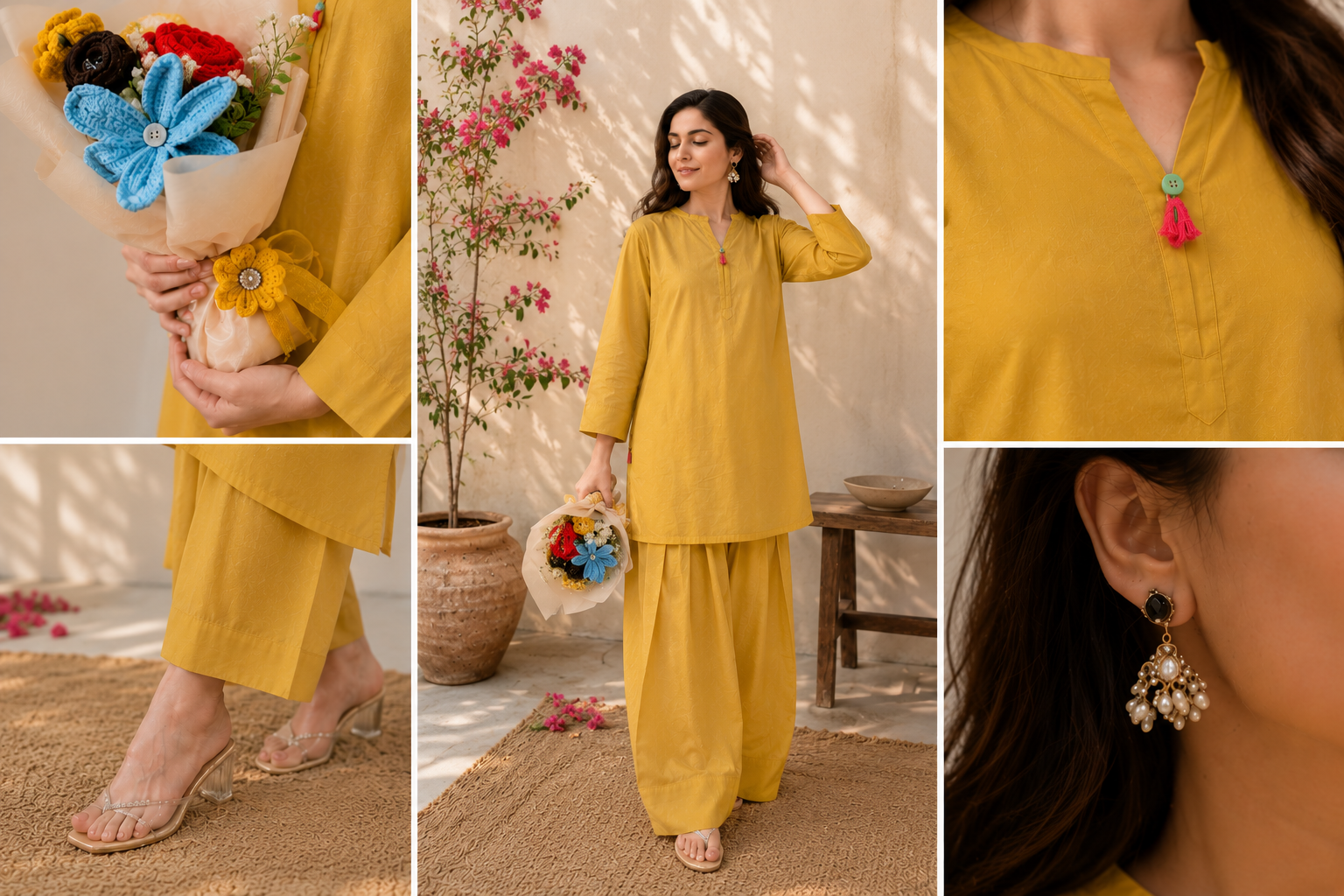 Mustard Yellow Shalwar Kameez with Tassel Button Detail