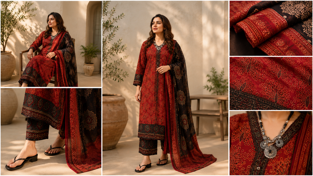 Red & Black Ajrak Print 3-Piece Suit