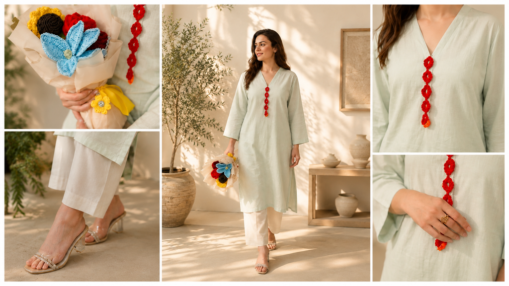 Mint Green Kurta with Red Crochet Lace & White Trousers