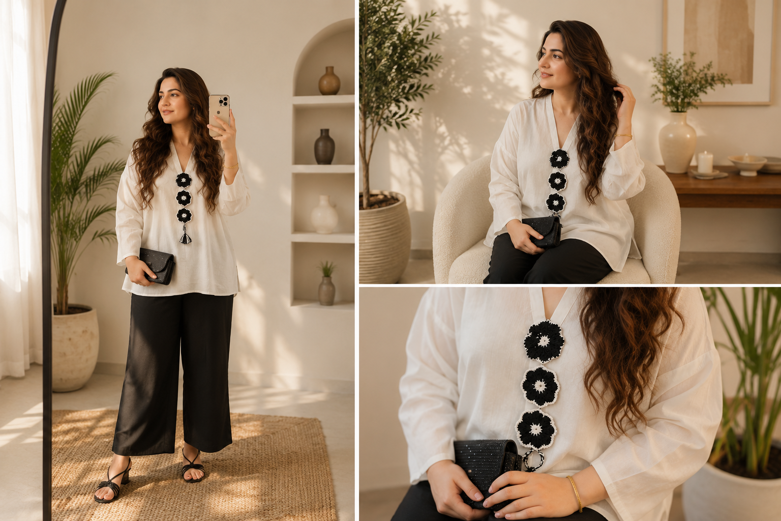 White Top with Black Floral Embellishment & Black Trousers