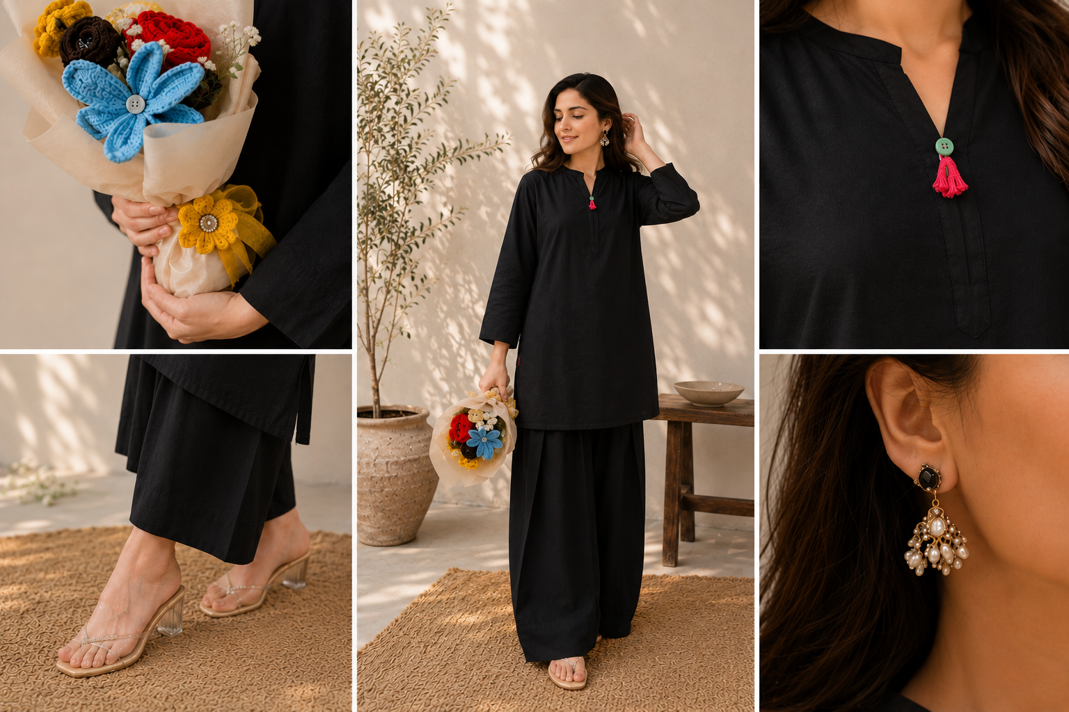 Black Shalwar Kameez with Tassel Button Detail