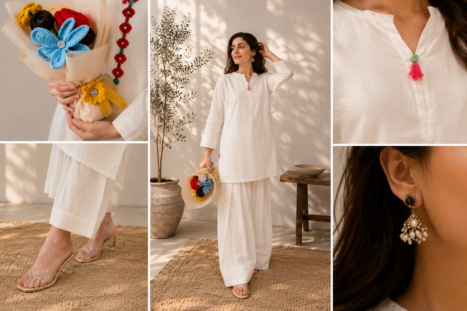 White Kurta with Red Bandhani Trousers