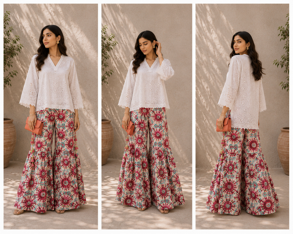 Floral Plazo Pants with White Chikankari Short Shirt