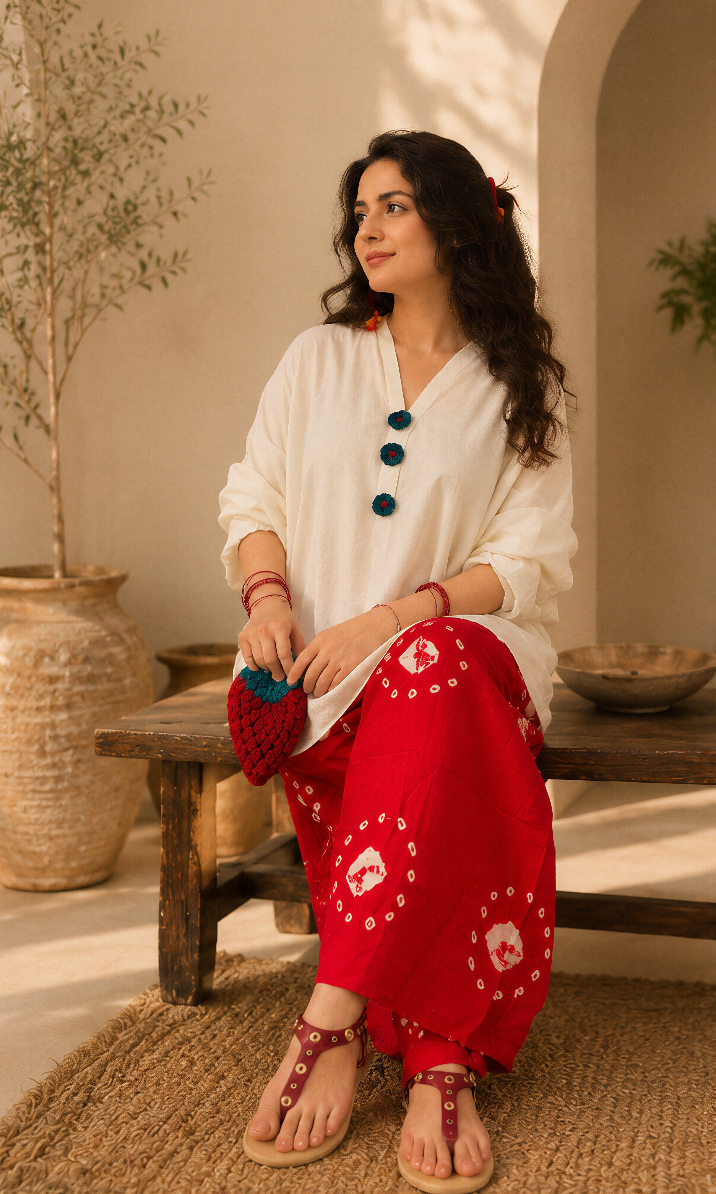 White Kurta with Red Bandhani Trousers
