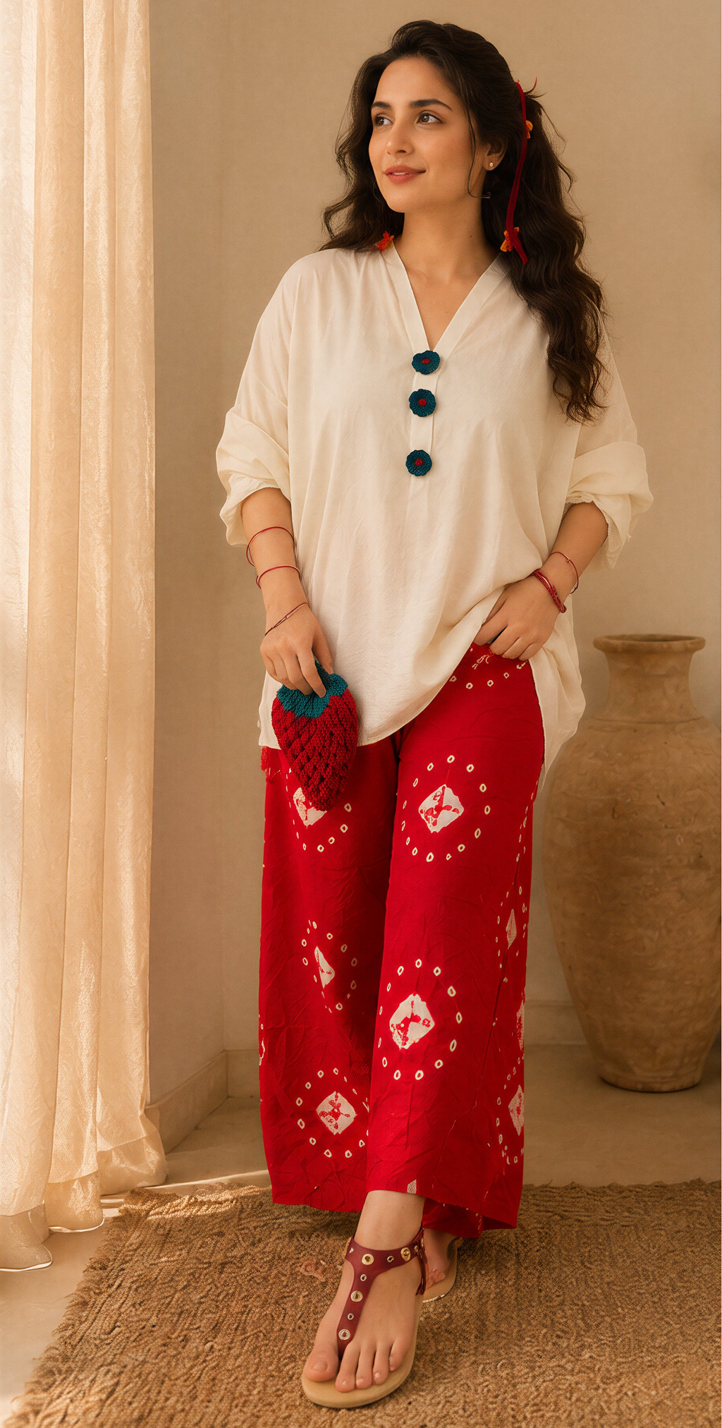 White Kurta with Red Bandhani Trousers