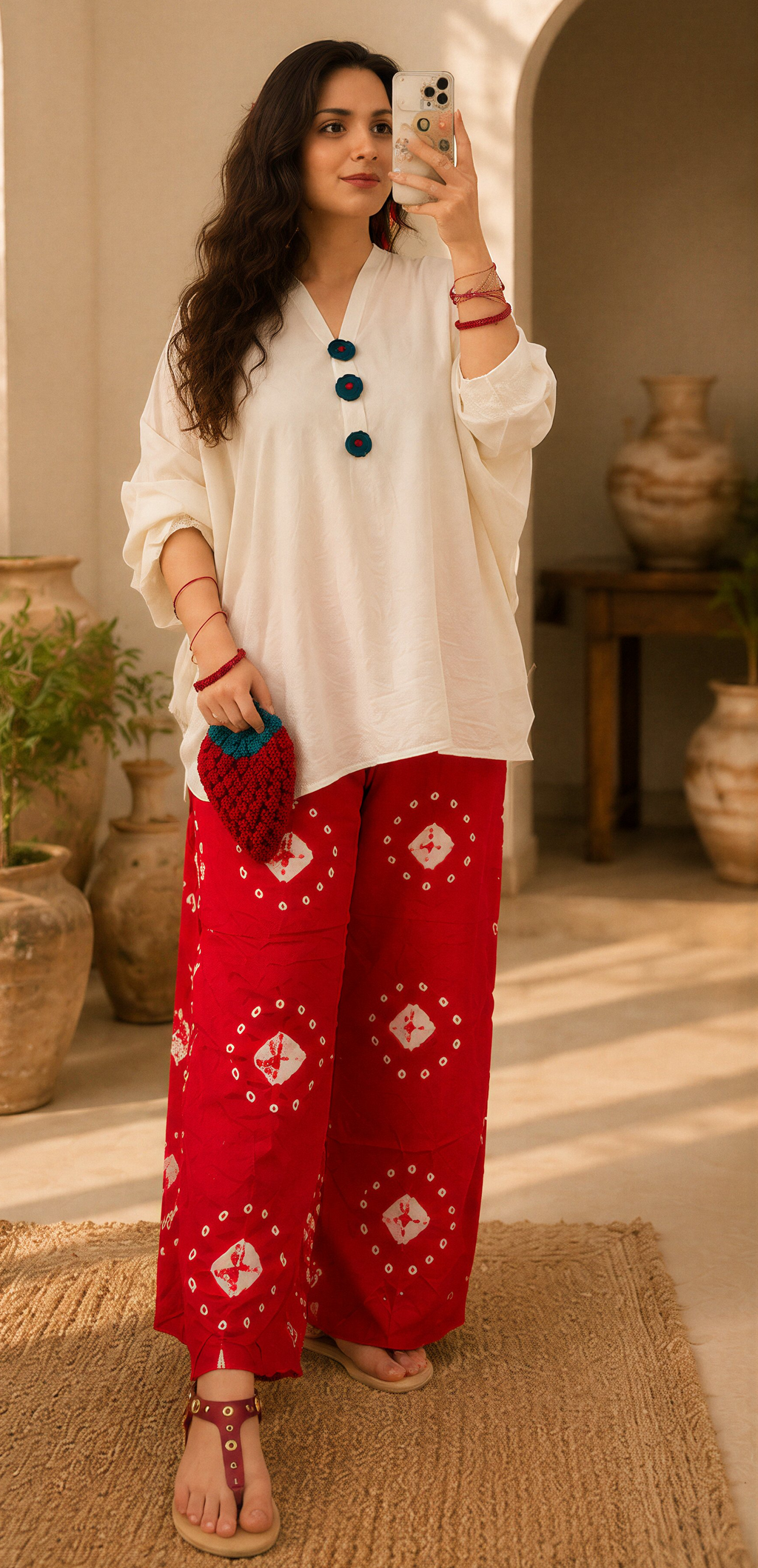 White Kurta with Red Bandhani Trousers