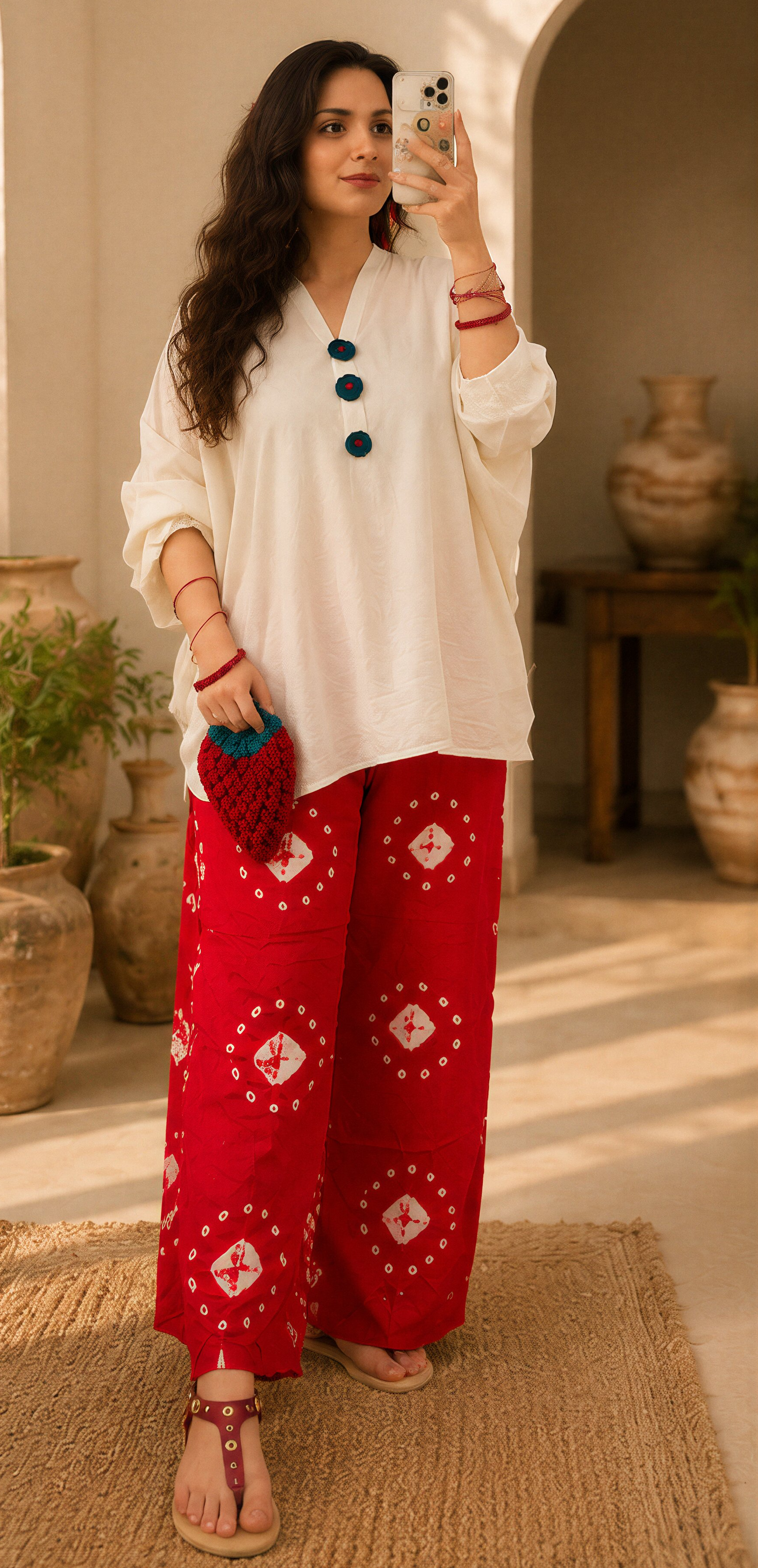 White Kurta with Red Bandhani Trousers