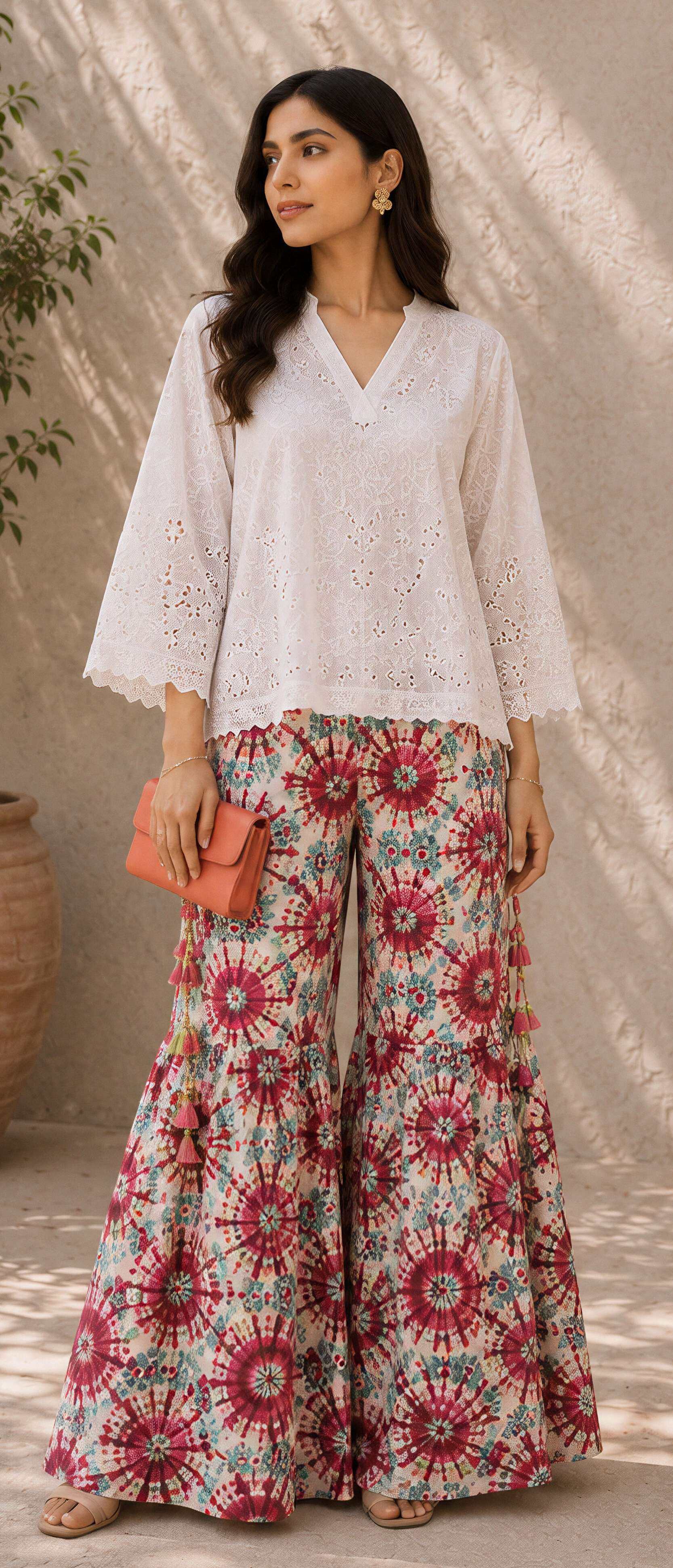 Floral Plazo Pants with White Chikankari Short Shirt