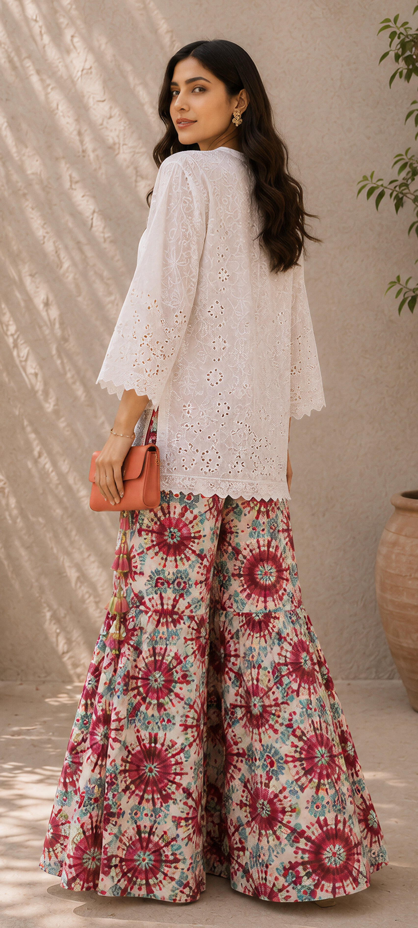 Floral Plazo Pants with White Chikankari Short Shirt